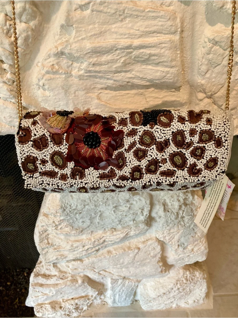 NWT “Handcrafted in India” flap front glass beaded leopard print pattern clutch